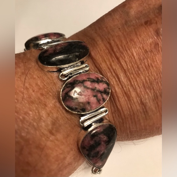 lanleenn Jewelry - Rhodochrosite Stamped 925 Sterling Silver Bracelet